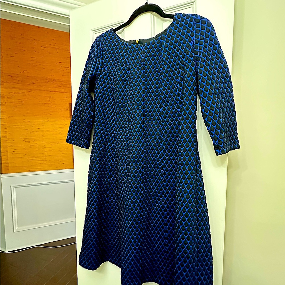 Taylor Maternity Dress for A Pea in the Pod Blue and Black midi with sleeves